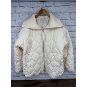 Calia Quilted Puffer Jacket Cream Ribbed Collar Zip Front Women's Sz L Cozy Warm